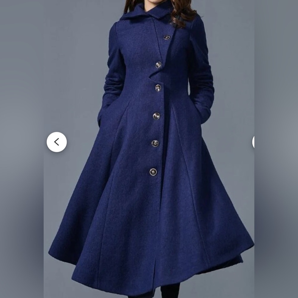 NEW Elegant Navy Blue Women's Hooded Wool Coat Handmade - Fit and Flare